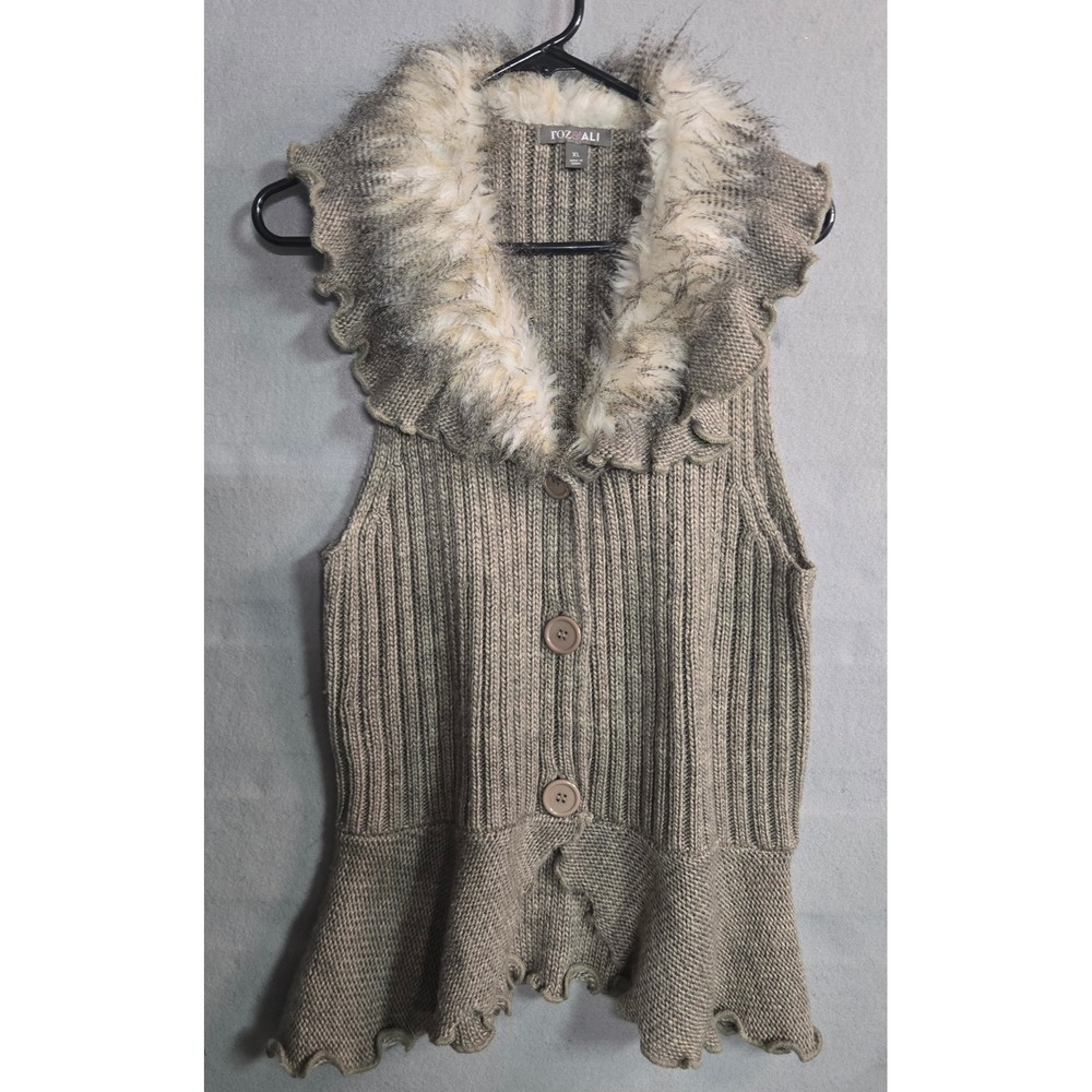 Faux Fur Collar Ribbed Knit Peplum Cardigan Vest Taupe Size XL Boho Whimsigoth